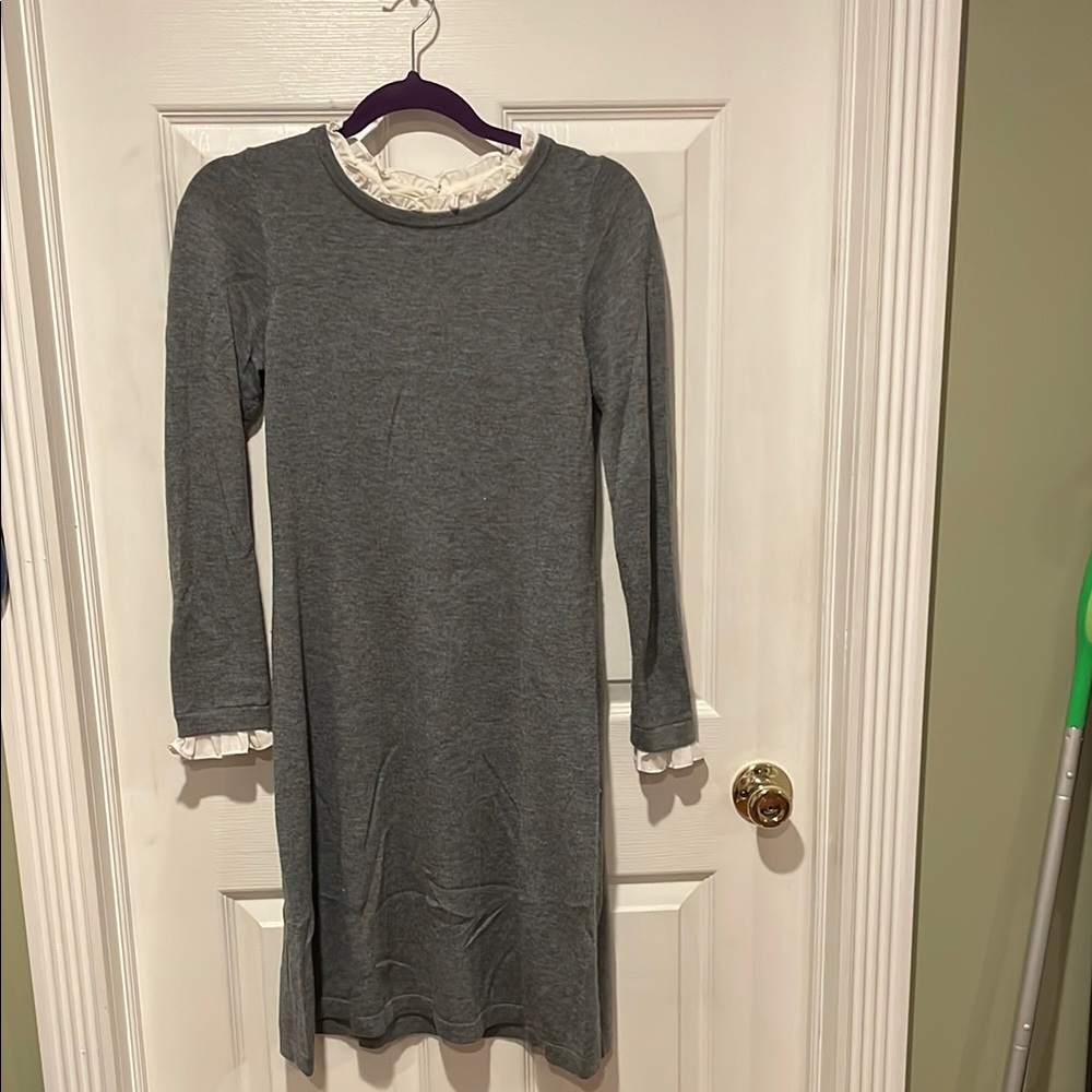 Gray Long Sleeve Tahari Dress with Ruffle Trim